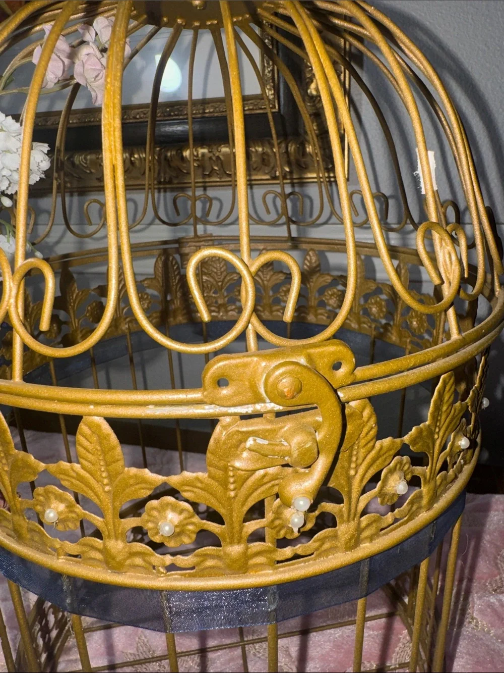 Ornate Gold Decorative Birdcage with Blue Ribbon Accent